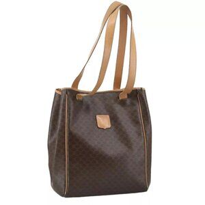 CELINE Macadam Canvas Tote Bag PVC Leather Brown Gold Auth 104908
